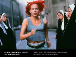 Trace a route: “Find 100,000 deutsch marks and get
across town (i.e. the roads not taken).”
premise: fundamental concept
that drives the plot
 