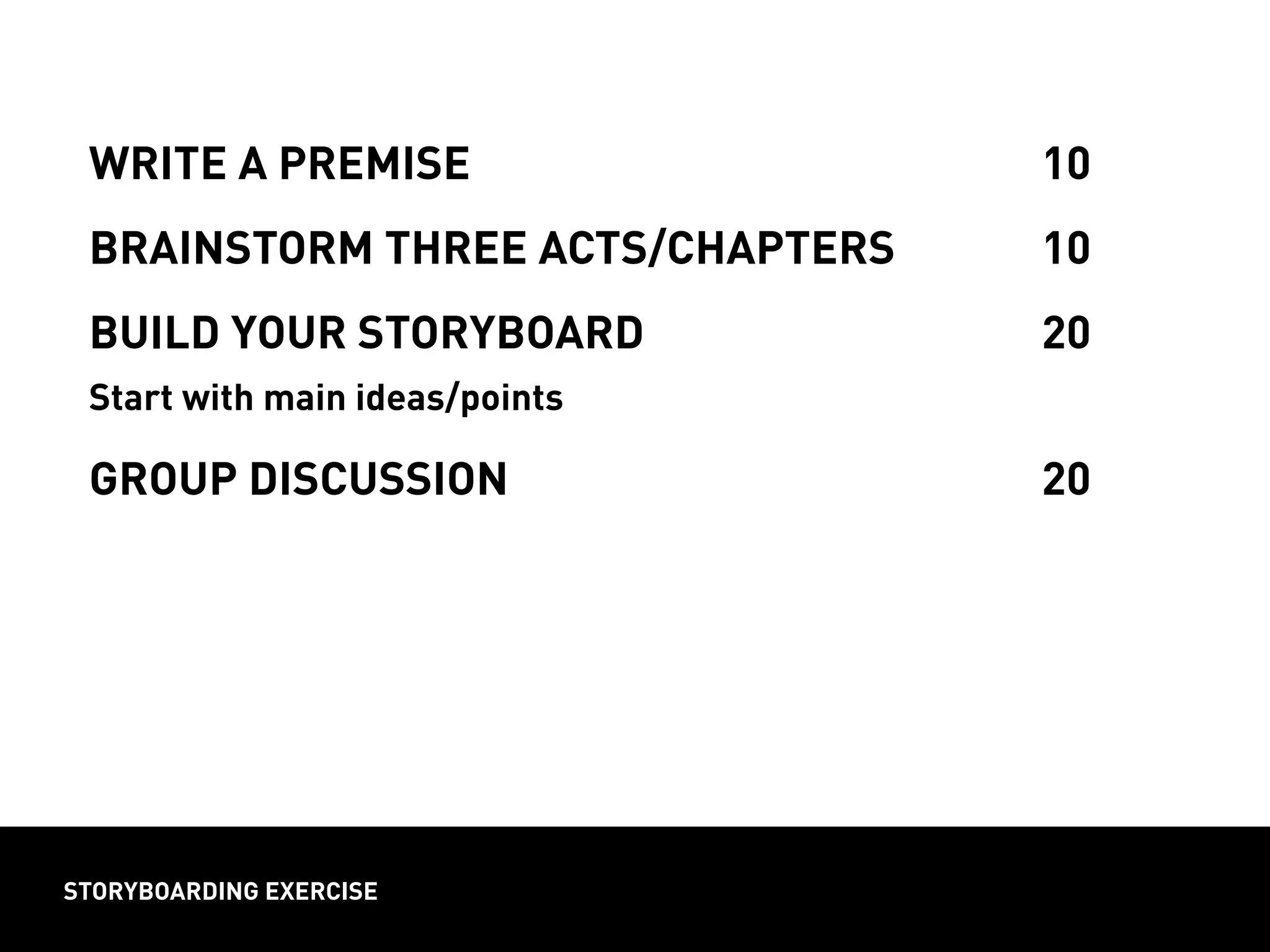 storyboarding exercise
write a premise									 10
brainstorm three acts/chapters			 10
build your storyboard							 20	
Start with main ideas/points
group discussion									 20
 
