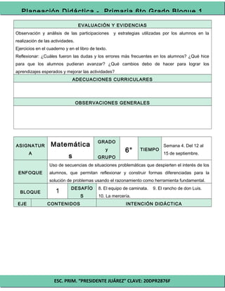 ESC. PRIM. “PRESIDENTE JUÁREZ” CLAVE: 20DPR2876F
Planeación Didáctica - Primaria 6to Grado Bloque 1
EVALUACIÓN Y EVIDENCIAS
Observación y análisis de las participaciones y estrategias utilizadas por los alumnos en la
realización de las actividades.
Ejercicios en el cuaderno y en el libro de texto.
Reflexionar: ¿Cuáles fueron las dudas y los errores más frecuentes en los alumnos? ¿Qué hice
para que los alumnos pudieran avanzar? ¿Qué cambios debo de hacer para lograr los
aprendizajes esperados y mejorar las actividades?
ADECUACIONES CURRICULARES
OBSERVACIONES GENERALES
ASIGNATUR
A
Matemática
s
GRADO
y
GRUPO
6° TIEMPO
Semana 4. Del 12 al
15 de septiembre.
ENFOQUE
Uso de secuencias de situaciones problemáticas que despierten el interés de los
alumnos, que permitan reflexionar y construir formas diferenciadas para la
solución de problemas usando el razonamiento como herramienta fundamental.
BLOQUE 1 DESAFÍO
S
8. El equipo de caminata. 9. El rancho de don Luis.
10. La mercería.
EJE CONTENIDOS INTENCIÓN DIDÁCTICA
 