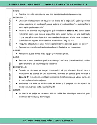 ESC. PRIM. “PRESIDENTE JUÁREZ” CLAVE: 20DPR2876F
Planeación Didáctica - Primaria 6to Grado Bloque 1
Sesión2(1horacon15minutos)
INICIO:
 Practicar con más ejercicios de este tipo, estableciendo códigos comunes.
DESARROLLO:
 Observar detalladamente el dibujo de un teatro de la página 26, ¿cómo podemos
ubicar un asiento en ese teatro?, ¿para qué me sirven los colores?, ¿qué significa la
simbología que le acompaña?
 Reunir a los alumnos en parejas para que contesten el desafío #13 donde deben
reflexionar sobre una manera específica para ubicar puntos en una cuadrícula.
Lograr que el alumno determine usar parejas de número y letra para nombrar la
posición de los lugares. Libro desafíos matemáticos. Pág. 26 y 27.
 Preguntar a los alumnos ¿qué hicieron para ubicar los asientos que se les piden?
 Exponer sus procedimientos al resto del grupo. Socializar las respuestas.
CIERRE:
 Aclarar sus dudas dentro de su equipo y de manera grupal.
Sesión3(1horacon15minutos)
INICIO:
 Retomar el tema y verificar que los alumnos ya realizaron procedimientos formales,
como enumerar las columnas para ubicación.
DESARROLLO:
 Cuando los alumnos ya tengan comprendido el procedimiento formal para la
localización de objetos en una cuadrícula, reunirlos en parejas para resolver el
desafío #14 donde deben utilizar un sistema de referencia para ubicar puntos en
la cuadrícula mediante un juego.
 Solicitarles que lean las instrucciones en binas y lo jueguen por un espacio de
media hora. Libro de texto. Página 28 y 29.
CIERRE:
 Al finalizar el juego es necesario discutir sobre las estrategias utilizadas para
identificar las ventajas y desventajas.
 