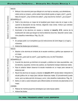 ESC. PRIM. “PRESIDENTE JUÁREZ” CLAVE: 20DPR2876F
Planeación Didáctica - Primaria 6to Grado Bloque 1
Sesión2(1horacon15minutos)
INICIO:
 Motivar a los alumnos para que dibujen en una hoja su escuela y sus alrededores,
vistos como un croquis, ¿cómo saben hacia dónde queda un lugar y otro?, ¿qué le
falta al croquis?, ¿hay nombre de calles?, ¿hay rosa de los vientos?, ¿se ocupan?
DESARROLLO:
 Pedir a los alumnos un mapa de la localidad para trazar rutas de un lugar a otro,
usando la descripción de las mismas, eligiendo rutas cortas. Indicar que coloreen
las rutas con colores distintos.
 Acomodar a los alumnos en equipo y resolver el desafío #16, acerca de la
localización de rutas que tengan la misma distancia recorrida. Describir varias rutas.
Libro desafíos matemáticos. Pág. 32 y 33.
CIERRE:
 En parejas pedir a un compañero que de instrucciones de cómo llegar a un lugar y
viceversa.
 Aclarar las dudas que se tuvieron.
Sesión3(1horacon15minutos)
INICIO:
 Mostrar a los alumnos el símbolo de la escala numérica y gráfica que aparecen en
un mapa.
 Preguntar ¿para qué se usan?, ¿qué significa una y la otra? Socializar.
DESARROLLO:
 Cuando los alumnos ya dominan el concepto y práctica de rutas equivalentes, uso
de derecha, izquierda, número de cuadras, es importante manejar distancias reales.
 Para lo anterior deben observar la escala mostrada en un mapa para calcular la
distancia real.
 Reunir los alumnos en equipo y resolver el desafío #17 donde deben interpretar la
escala gráfica de un mapa para calcular distancias reales. El procedimiento puede
variar, pero se debe permitir el ensayo y error. Libro desafíos matemáticos. Pág. 34.
 Darle un color a cada indicación para diferenciarlas al momento de plasmarlas en el
mapa.
CIERRE:
 Platicar de manera grupal las estrategias que cada equipo aplicó.
 Aclarar las dudas.
 