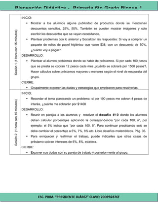 ESC. PRIM. “PRESIDENTE JUÁREZ” CLAVE: 20DPR2876F
Planeación Didáctica - Primaria 6to Grado Bloque 1
Sesión1(1horacon15minutos)
INICIO:
 Mostrar a los alumnos alguna publicidad de productos donde se mencionan
descuentos sencillos, 25%, 50%. También se pueden mostrar imágenes y solo
escribir los descuentos que se vayan necesitando.
 Plantear problemas con lo anterior y Socializar las respuestas: Si voy a comprar un
paquete de rollos de papel higiénico que valen $38, con un descuento de 50%,
¿cuánto voy a pagar?
DESARROLLO:
 Plantear al alumno problemas donde se hable de préstamos. Si por cada 100 pesos
que se presta se cobran 12 pesos cada mes ¿cuánto se cobrará por 1500 pesos?.
Hacer cálculos sobre préstamos mayores o menores según el nivel de respuesta del
grupo.
CIERRE:
 Grupalmente exponer las dudas y estrategias que emplearon para resolverlas.
Sesión2(1horacon15minutos)
INICIO:
 Recordar el tema planteando un problema: si por 100 pesos me cobran 4 pesos de
interés, ¿cuánto me cobrarán por $1400
DESARROLLO:
 Reunir en parejas a los alumnos y resolver el desafío #19 donde los alumnos
deben calcular porcentajes aplicando la correspondencia “por cada 100, n”, por
ejemplo: el 5% indica que “por cada 100, 5”. Para continuar practicando sólo se
debe cambiar el porcentaje a 6%, 7%, 8% etc. Libro desafíos matemáticos. Pág. 36.
 Para enriquecer y reafirmar el trabajo, puede indicarles que otras casas de
préstamo cobran intereses de 6%, 8%, etcétera.
CIERRE:
 Exponer sus dudas con su pareja de trabajo y posteriormente al grupo.
 