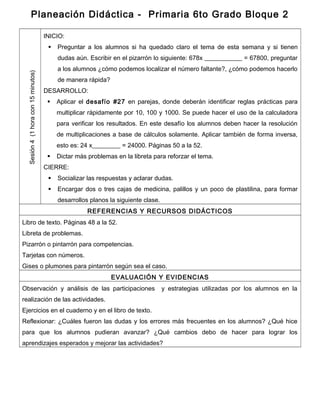 Planeación Didáctica - Primaria 6to Grado Bloque 2
Sesión4(1horacon15minutos)
INICIO:
 Preguntar a los alumnos si ha quedado claro el tema de esta semana y si tienen
dudas aún. Escribir en el pizarrón lo siguiente: 678x ____________ = 67800, preguntar
a los alumnos ¿cómo podemos localizar el número faltante?, ¿cómo podemos hacerlo
de manera rápida?
DESARROLLO:
 Aplicar el desafío #27 en parejas, donde deberán identificar reglas prácticas para
multiplicar rápidamente por 10, 100 y 1000. Se puede hacer el uso de la calculadora
para verificar los resultados. En este desafío los alumnos deben hacer la resolución
de multiplicaciones a base de cálculos solamente. Aplicar también de forma inversa,
esto es: 24 x_________ = 24000. Páginas 50 a la 52.
 Dictar más problemas en la libreta para reforzar el tema.
CIERRE:
 Socializar las respuestas y aclarar dudas.
 Encargar dos o tres cajas de medicina, palillos y un poco de plastilina, para formar
desarrollos planos la siguiente clase.
REFERENCIAS Y RECURSOS DIDÁCTICOS
Libro de texto. Páginas 48 a la 52.
Libreta de problemas.
Pizarrón o pintarrón para competencias.
Tarjetas con números.
Gises o plumones para pintarrón según sea el caso.
EVALUACIÓN Y EVIDENCIAS
Observación y análisis de las participaciones y estrategias utilizadas por los alumnos en la
realización de las actividades.
Ejercicios en el cuaderno y en el libro de texto.
Reflexionar: ¿Cuáles fueron las dudas y los errores más frecuentes en los alumnos? ¿Qué hice
para que los alumnos pudieran avanzar? ¿Qué cambios debo de hacer para lograr los
aprendizajes esperados y mejorar las actividades?
 