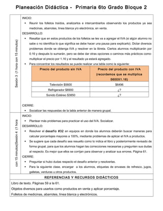 Planeación Didáctica - Primaria 6to Grado Bloque 2
Sesión3(1horacon15minutos) INICIO:
 Reunir los folletos traídos, analizarlos e intercambiarlos observando los productos ya sea
medicinas, abarrotes, línea blanca y/o electrónica, en venta.
DESARROLLO:
 Resaltar que en estos productos de los folletos se les va a agregar el IVA (si algún alumno no
sabe o no identifica lo que significa se debe hacer una pausa para explicarlo). Dictar diversos
problemas donde se obtenga IVA y resolver en la libreta. Ciertos alumnos multiplicarán por
0.16 y después lo sumarán, pero se debe dar otras opciones o caminos más prácticos como:
multiplicar el precio por 1.16 y el resultado ya estará agregado.
 Para concentrar los resultados se puede realizar una tabla como la siguiente:
Precio del producto sin IVA Precio del producto con IVA
(recordemos que se multiplica
5600X1.16)
Televisión $5600 $6496
Refrigerador $8900 ¿?
Sonido Estéreo $3850 ¿?
CIERRE:
 Socializar las respuestas de la tabla anterior de manera grupal.
Sesión4(1horacon15minutos)
INICIO:
 Plantear más problemas para practicar el uso del IVA. Socializar.
DESARROLLO:
 Resolver el desafío #32 en equipos en donde los alumnos deberán buscar maneras para
calcular porcentajes mayores a 100%, mediante problemas de aplicar el IVA a productos.
 Se sugiere que cada desafío sea resuelto como lo indica el libro y posteriormente revisado de
forma grupal, para que los alumnos hagan las correcciones necesarias y pregunten sus dudas
al respecto. Es mejor que ellos se corrijan para observar y analizar sus errores. Página 61.
CIERRE:
 Preguntar si hubo dudas respecto el desafío anterior y resolverlas.
 Para la siguiente clase, encargar a los alumnos, etiquetas de envases de refresco, jugos,
galletas, verduras u otros productos.
REFERENCIAS Y RECURSOS DIDÁCTICOS
Libro de texto. Páginas 59 a la 61.
Objetos diversos para usarlos como productos en venta y aplicar porcentaje.
Folletos de medicinas, abarrotes, línea blanca y electrónicos.
 