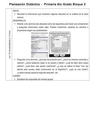 Planeación Didáctica - Primaria 6to Grado Bloque 2
Sesión2(1horacon15minutos)
INICIO:
 Recordar la información que mostraron algunas etiquetas en su análisis de la clase
anterior.
DESARROLLO:
 Mostrar a los alumnos dos etiquetas como las siguientes para hacer una comparación
y preguntar información sobre ellas. Pueden imprimirse, copiarse en cartulina o
proyectarse según sus posibilidades:
 Preguntar a los alumnos: ¿qué tipo de producto son?, ¿tiene los mismos nutrientes y
valores?, ¿cómo podemos saber si es líquido o sólido?, ¿cuál de ellos tiene mayor
caloría?, ¿cuál tiene más aporte nutricional?, ¿a qué se refiere la frase "una vez
abierto este envase debe conservarse en el frigorífico"?, ¿qué es una ración?,
¿cuánta energía aporta la segunda etiqueta?, etc.
CIERRE:
 Socializar las respuestas de manera grupal.
 