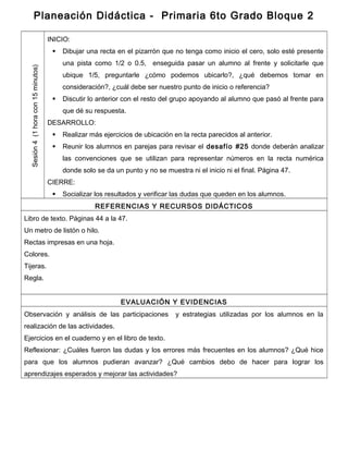Planeación Didáctica - Primaria 6to Grado Bloque 2
Sesión4(1horacon15minutos)
INICIO:
 Dibujar una recta en el pizarrón que no tenga como inicio el cero, solo esté presente
una pista como 1/2 o 0.5, enseguida pasar un alumno al frente y solicitarle que
ubique 1/5, preguntarle ¿cómo podemos ubicarlo?, ¿qué debemos tomar en
consideración?, ¿cuál debe ser nuestro punto de inicio o referencia?
 Discutir lo anterior con el resto del grupo apoyando al alumno que pasó al frente para
que dé su respuesta.
DESARROLLO:
 Realizar más ejercicios de ubicación en la recta parecidos al anterior.
 Reunir los alumnos en parejas para revisar el desafío #25 donde deberán analizar
las convenciones que se utilizan para representar números en la recta numérica
donde solo se da un punto y no se muestra ni el inicio ni el final. Página 47.
CIERRE:
 Socializar los resultados y verificar las dudas que queden en los alumnos.
REFERENCIAS Y RECURSOS DIDÁCTICOS
Libro de texto. Páginas 44 a la 47.
Un metro de listón o hilo.
Rectas impresas en una hoja.
Colores.
Tijeras.
Regla.
EVALUACIÓN Y EVIDENCIAS
Observación y análisis de las participaciones y estrategias utilizadas por los alumnos en la
realización de las actividades.
Ejercicios en el cuaderno y en el libro de texto.
Reflexionar: ¿Cuáles fueron las dudas y los errores más frecuentes en los alumnos? ¿Qué hice
para que los alumnos pudieran avanzar? ¿Qué cambios debo de hacer para lograr los
aprendizajes esperados y mejorar las actividades?
 