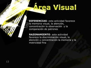 DIFERENCIAS: esta actividad favorece
     la memoria visual, la atención,
     concentración la observación y la
     comparación de patrones

     RAZONAMIENTO: esta actividad
     favorece la discriminación visual, la
     atención y concentración la memoria y la
     motricidad fina




13
 