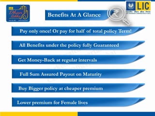 Benefits At A Glance
Buy Bigger policy at cheaper premium
cheaper
Pay only once! Or pay for half of total policy Term!
All Benefits under the policy fully Guaranteed
Get Money-Back at regular intervals
Full Sum Assured Payout on Maturity
Lower premium for Female lives
 