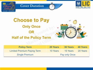 Cover Duration
Policy Term 20 Years 30 Years 40 Years
Limited Premium Paying Term 10 Years 15 Years 20 Years
Single Premium Pay only Once
Choose to Pay
Only Once
OR
Half of the Policy Term
 