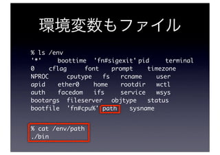% ls /env
'*'	 	 boottime	 'fn#sigexit'	pid	 	 terminal
0	 	 cflag	 	 font		 prompt	 	 timezone
NPROC	 	 cputype	 fs	 rcname	 	 user
                  	    	
apid		 ether0	 	 home		 rootdir	 wctl
                                 	
auth		 facedom	 ifs	 	 service	 wsys
               	                 	
bootargs	 fileserver	 objtype	 status
                              	
bootfile	 'fn#cpu%'	path		 sysname


% cat /env/path
./bin
 
