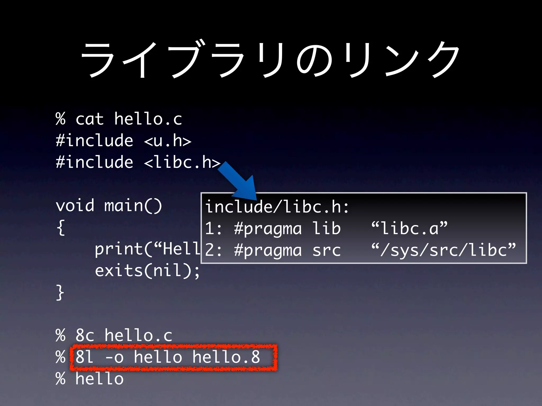 % cat hello.c
#include u.h
#include libc.h

void main()     include/libc.h:
{               1: #pragma lib    “libc.a”
    print(“Hello, World!n”);
                2: #pragma src    “/sys/src/libc”
    exits(nil);
}

% 8c hello.c
% 8l -o hello hello.8
% hello
 