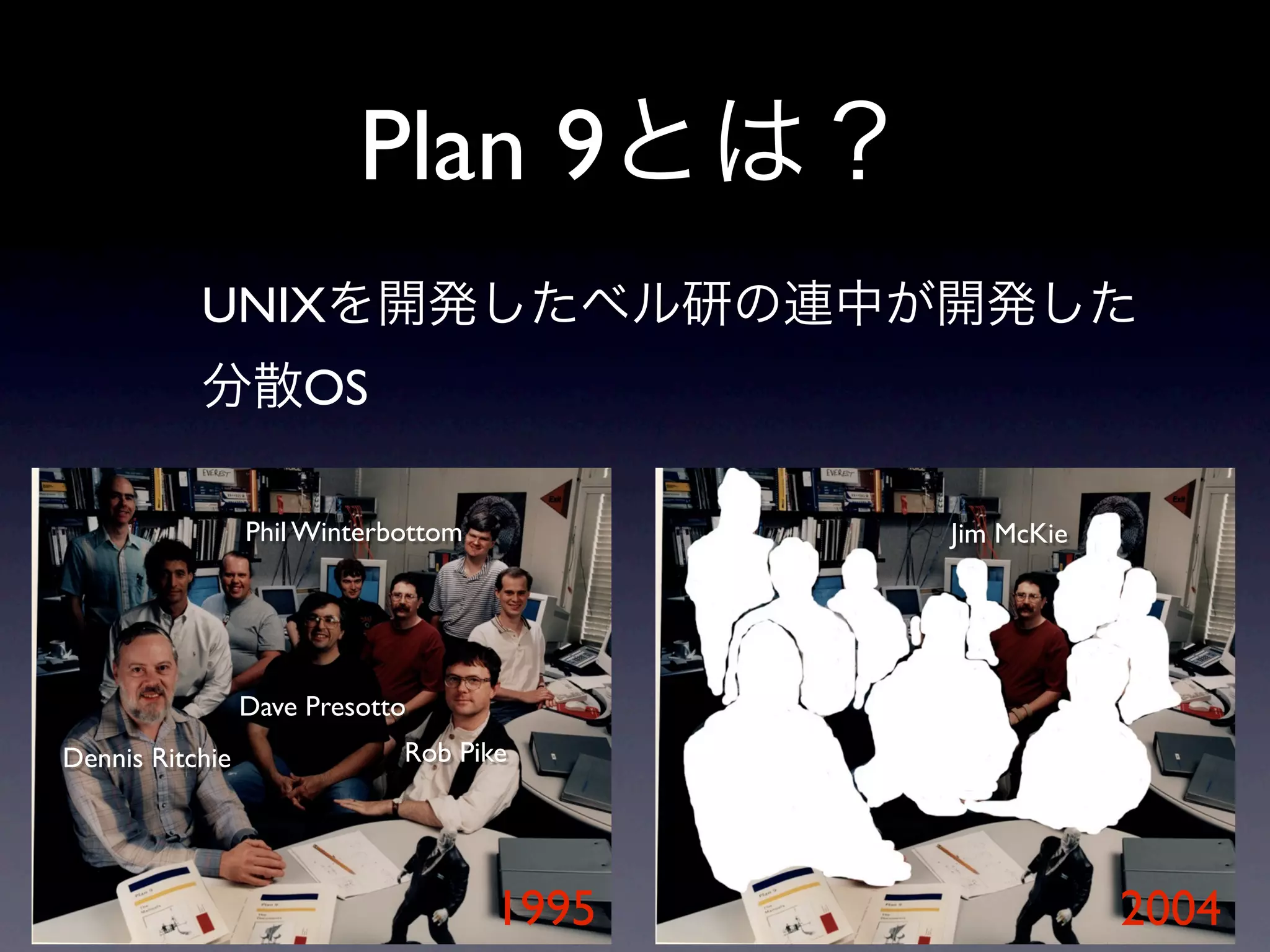 Plan 9
           UNIX
                     OS

                 Phil Winterbottom          Jim McKie




                 Dave Presotto
Dennis Ritchie               Rob Pike




                                     1995               2004
 