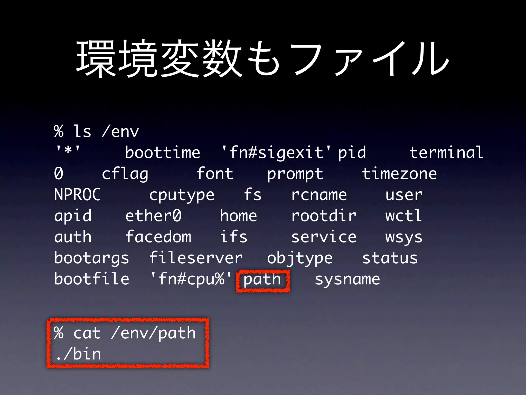 % ls /env
'*'	 	 boottime	 'fn#sigexit'	pid	 	 terminal
0	 	 cflag	 	 font		 prompt	 	 timezone
NPROC	 	 cputype	 fs	 rcname	 	 user
                 	    	
apid		 ether0	 	 home		 rootdir	 wctl
                                 	
auth		 facedom	 ifs	 	 service	 wsys
               	                 	
bootargs	 fileserver	 objtype	 status
                              	
bootfile	 'fn#cpu%'	path		 sysname


% cat /env/path
./bin
 