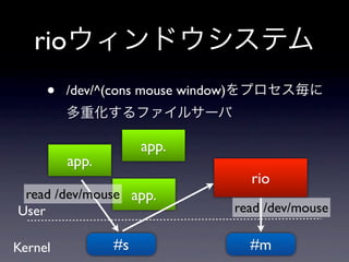 rio
     •   /dev/^(cons mouse window)



                     app.
         app.
                                       rio
 read /dev/mouse app.
User                                 read /dev/mouse

Kernel          #s                     #m
 