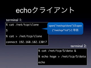 echo
terminal 1:
% cat /net/tcp/clone        open(“/net/tcp/clone”)     open
5                              (“/net/tcp/*/ctl”)

% cat  /net/tcp/clone

connect 192.168.182.130!7
                                                    terminal 2:
                   % cat /net/tcp/5/data 

                   % echo hoge  /net/tcp/5/data

                   echo
 