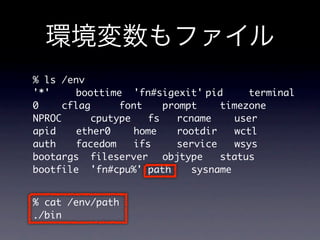 % ls /env
'*'	 	 boottime	 'fn#sigexit'	pid	 	 terminal
0	 	 cflag	 	 font		 prompt	 	 timezone
NPROC	 	 cputype	 fs	 rcname	 	 user
                 	    	
apid		 ether0	 	 home		 rootdir	 wctl
                                 	
auth		 facedom	 ifs	 	 service	 wsys
               	                 	
bootargs	 fileserver	 objtype	 status
                              	
bootfile	 'fn#cpu%'	path		 sysname


% cat /env/path
./bin
 