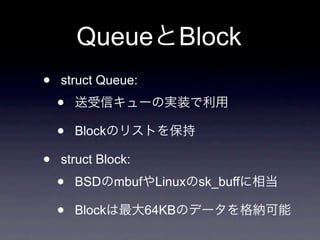 Queue              Block
•   struct Queue:

    •
    •   Block

•   struct Block:

    •   BSD     mbuf Linux sk_buff

    •   Block       64KB
 