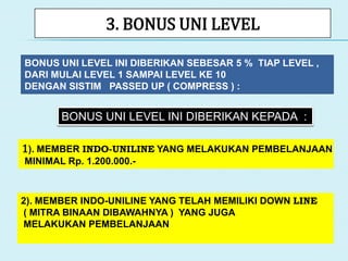 3. BONUS UNI LEVEL
BONUS UNI LEVEL INI DIBERIKAN KEPADA :
1). MEMBER INDO-UNILINE YANG MELAKUKAN PEMBELANJAAN
MINIMAL Rp. 1.200.000.-
2). MEMBER INDO-UNILINE YANG TELAH MEMILIKI DOWN LINE
( MITRA BINAAN DIBAWAHNYA ) YANG JUGA
MELAKUKAN PEMBELANJAAN
BONUS UNI LEVEL INI DIBERIKAN SEBESAR 5 % TIAP LEVEL ,
DARI MULAI LEVEL 1 SAMPAI LEVEL KE 10
DENGAN SISTIM PASSED UP ( COMPRESS ) :
 