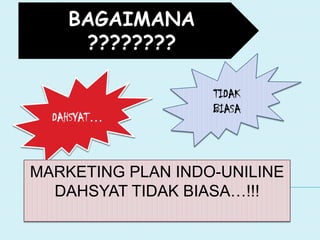 BAGAIMANA
????????
DAHSYAT…
TIDAK
BIASA
MARKETING PLAN INDO-UNILINE
DAHSYAT TIDAK BIASA…!!!
 