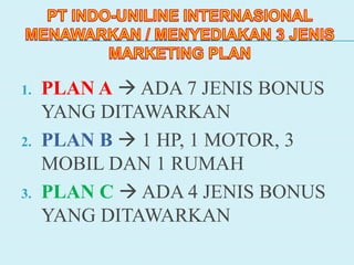 1. PLAN A  ADA 7 JENIS BONUS
YANG DITAWARKAN
2. PLAN B  1 HP, 1 MOTOR, 3
MOBIL DAN 1 RUMAH
3. PLAN C  ADA 4 JENIS BONUS
YANG DITAWARKAN
 