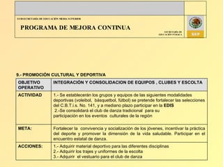 PROGRAMA DE MEJORA CONTINUA 9.- PROMOCIÓN CULTURAL Y DEPORTIVA OBJETIVO OPERATIVO INTEGRACIÓN Y CONSOLIDACION DE EQUIPOS , CLUBES Y ESCOLTA ACTIVIDAD 1.- Se establecerán los grupos y equipos de las siguientes modalidades deportivas (voleibol,  básquetbol, fútbol) se pretende fortalecer las selecciones del C.B.T.i.s. No. 141, y a mediano plazo participar en la  EDIS 2.-Se consolidará el club de danza tradicional  para su  participación en los eventos  culturales de la región  META: Fortalecer la  convivencia y socialización de los jóvenes, incentivar la práctica del deporte y promover la dimensión de la vida saludable. Participar en el encuentro estatal de danza. ACCIONES: 1.- Adquirir material deportivo para las diferentes disciplinas 2.- Adquirir los trajes y uniformes de la escolta 3.- Adquirir  el vestuario para el club de danza 