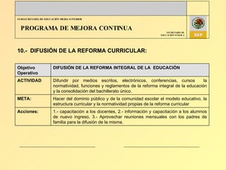 PROGRAMA DE MEJORA CONTINUA 10.-  DIFUSIÓN DE LA REFORMA CURRICULAR:   Objetivo Operativo DIFUSIÓN DE LA REFORMA INTEGRAL DE LA  EDUCACIÓN ACTIVIDAD Difundir por medios escritos, electrónicos, conferencias, cursos  la normatividad, funciones y reglamentos de la reforma integral de la educación y la consolidación del bachillerato único. META: Hacer del dominio público y de la comunidad escolar el modelo educativo, la estructura curricular y la normatividad propias de la reforma curricular Acciones: 1.- capacitación a los docentes, 2.- información y capacitación a los alumnos de nuevo ingreso, 3.- Aprovechar reuniones mensuales con los padres de familia para la difusión de la misma. 