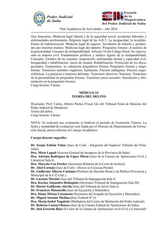 Plan Académico de Actividades - Año 2016
ritos funerarios. Medicina legal laboral y de la seguridad social: accidentes laborales y
enfermedades profesionales. Régimen legal de las A.R.T. La incapacidad, la invalidez.
Pautas de indemnización. Medicina legal de seguros. Accidentes de tránsito y produci-
dos por distintos medios. Medicina legal del deporte. Psiquiatría forense: el análisis de
la personalidad. Causales de inimputabilidad. Artículo 34 del Código Penal. Su repercu-
sión en materia civil. Fundamentos jurídicos y médico legales de la inimputabilidad.
Concepto. Estudios de las causales: enajenación, enfermedad mental y capacidad civil.
Incapacidad e inhabilitación. Juicio de insanía. Rehabilitación. Protección de los disca-
pacitados. Testamentos: su valoración psiquiátrica forense. Psiquiatría forense y oligo-
frenias. Trastornos mentales orgánicos. Epilepsias. Psicosis endógenas. Psicosis esqui-
zofrénicas. La paranoia o trastorno delirante. Trastornos afectivos. Neurosis. Trastornos
de la personalidad en psiquiatría forense. Trastornos psico-sexuales. Simulación y disi-
mulación en la psiquiatría forense.
Carga horaria: 8 horas.
MÓDULO 14
TEORÍA DEL DELITO
Disertante: Prof. Carlos Alberto Parma (Vocal 2do del Tribunal Penal de Menores del
Poder Judicial de Mendoza).
Teoría del delito.
Carga horaria: 4 horas.
NOTA: Se realizará una evaluación al finalizar el período de Formación Teórica. La
fecha y modalidad de evaluación será fijada por el Director de Departamento de Forma-
ción Inicial, previo informe al Consejo Académico.
Cuerpo docente sugerido:
Dr. Sergio Fabián Vittar (Juez de Corte - Integrante del Superior Tribunal del Nota-
riado)
Dra. Mirta Lapad (Asesora General de Incapaces de la Provincia de Salta)
Dra. Adriana Rodríguez de López Mirau (Juez de la Cámara de Apelaciones Civil y
Comercial Sala I).
Dra. Marcela Von Fischer (Secretaria Relatora de la Corte de Justicia)
Dr. Abel Cornejo (Juez de Corte - Doctor en Ciencias Penales
Dr. Guillermo Alberto Catalano (Profesor de Derecho Penal y de Público Provincial y
Municipal de la U.Ca.Sal.).
Dr. Luciano Martini (Juez del Tribunal de Impugnación Sala I)
Dra. Karina Alejandra Holmquist (Secretaria Tribunal de Impugnación Sala III).
Dr. Héctor Guillermo Alavila (Juez del Tribunal de Juicio Sala I).
Dr. Francisco Mascarello (Juez de Ejecución y Detenidos)
Dra. Diana Mirian Cusumano (Secretaria del Juzgado de Ejecución y Detenidos).
Dr. Miguel Antonio Medina (Juez Federal Nº 2).
Dra. María Isabel Nogaledo (Mediadora del Centro de Mediación del Poder Judicial).
Dr. Roberto Loutayf Ranea (Juez de la Cámara Federal de Apelaciones de Salta).
Dr. José Gerardo Ruiz (Ex Juez de la Cámara de Apelaciones en lo Civil y Comercial)
 