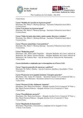 Plan Académico de Actividades - Año 2016
3 (tres) horas.
Curso:“Medidas de coerción en el proceso penal”
Disertante: Dra. María V. Montoya Quiroga – Secretaria Tribunal de Juicio Sala I.
5 (cinco) horas.
Curso:“Las partes en el proceso penal”
Disertante: Dra. María V. Montoya Quiroga – Secretaria Tribunal de Juicio Sala I.
5 (cinco) horas.
Curso:“Taller de juicio abreviado y juicio común. Decretos y trámites”
Disertante: Dra. María V. Montoya Quiroga – Secretaria Tribunal de Juicio Sala I.
5 (cinco) horas.
Curso:“Proceso sumarísimo. Casos prácticos”
Disertante: Dra. María V. Montoya Quiroga – Secretaria Tribunal de Juicio Sala I.
3 (tres) horas.
Curso:“Mediación penal”
Disertantes: Dra. María Isabel Nogaledo – Abogado Mediador del Centro Judicial de
Mediación, Dra. Betina Teresita Kumike – Abogado Mediador del Centro Judicial de
Mediación y Dr. Federico Diez – Juez de Instrucción en Transición 4ta. Nominación.
3 (tres) horas.
Cursos destinados a empleados que se desempeñan en el Fuero Civil:
Curso:“Aspectos generales de concursos y quiebras”
Disertante: Dr. Pablo J. Muiños – Juez de Concursos, Quiebras y Sociedades 1ª Nom.
3 (tres) horas.
Curso:“El proceso en la segunda instancia. Conceptos generales”
Disertantes: Dra. Ivanna M. Chamale – Secretaria Cámara Civil y Comercial Sala I y
Dra. María F. Diez Barrantes - Secretaria Cámara Civil y Comercial Sala I.
2 (dos) horas.
Curso:“Procesos Civiles: Ordinario. Sumario”
Disertantes: Dra. María José Romera – Abogada Auxiliar Civil y Comercial 10ª Nom. y
Dra. María Florencia Palacios - Abogada Auxiliar Civil y Comercial 11ª Nom.
3 (tres) horas.
Curso:“Procedimiento sucesorio”
Disertantes: Dra. María José Romera – Abogada Auxiliar Civil y Comercial 10ª Nom. y
Dra. María Florencia Palacios - Abogada Auxiliar Civil y Comercial 11ª Nom.
5 (cinco) horas.
Curso:“Regulación de honorarios”
Disertantes: Magistrados, Funcionarios y empleados de los Juzgados Civiles.
12 horas. Con examen.
 