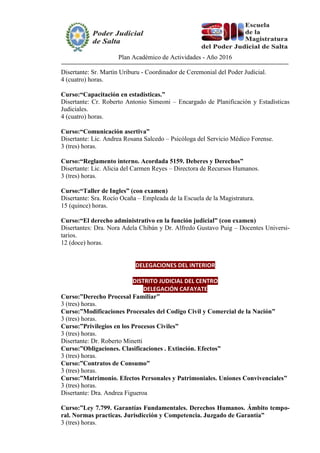 Plan Académico de Actividades - Año 2016
Disertante: Sr. Martín Uriburu - Coordinador de Ceremonial del Poder Judicial.
4 (cuatro) horas.
Curso:“Capacitación en estadísticas.”
Disertante: Cr. Roberto Antonio Simeoni – Encargado de Planificación y Estadísticas
Judiciales.
4 (cuatro) horas.
Curso:“Comunicación asertiva”
Disertante: Lic. Andrea Rosana Salcedo – Psicóloga del Servicio Médico Forense.
3 (tres) horas.
Curso:“Reglamento interno. Acordada 5159. Deberes y Derechos”
Disertante: Lic. Alicia del Carmen Reyes – Directora de Recursos Humanos.
3 (tres) horas.
Curso:“Taller de Ingles” (con examen)
Disertante: Sra. Rocío Ocaña – Empleada de la Escuela de la Magistratura.
15 (quince) horas.
Curso:“El derecho administrativo en la función judicial” (con examen)
Disertantes: Dra. Nora Adela Chibán y Dr. Alfredo Gustavo Puig – Docentes Universi-
tarios.
12 (doce) horas.
DELEGACIONES DEL INTERIOR
DISTRITO JUDICIAL DEL CENTRO
DELEGACIÓN CAFAYATE
Curso:”Derecho Procesal Familiar”
3 (tres) horas.
Curso:”Modificaciones Procesales del Codigo Civil y Comercial de la Nación”
3 (tres) horas.
Curso:”Privilegios en los Procesos Civiles”
3 (tres) horas.
Disertante: Dr. Roberto Minetti
Curso:”Obligaciones. Clasificaciones . Extinción. Efectos”
3 (tres) horas.
Curso:”Contratos de Consumo”
3 (tres) horas.
Curso:”Matrimonio. Efectos Personales y Patrimoniales. Uniones Convivenciales”
3 (tres) horas.
Disertante: Dra. Andrea Figueroa
Curso:”Ley 7.799. Garantías Fundamentales. Derechos Humanos. Ámbito tempo-
ral. Normas practicas. Jurisdicción y Competencia. Juzgado de Garantía”
3 (tres) horas.
 