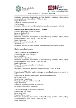 Plan Académico de Actividades - Año 2016
Destinado: Magistrados, Funcionarios del Poder Judicial y Ministerio Público, Aboga-
dos, empleados del Poder Judicial y Público en gral.
Lugar: Auditorium.
Número de asistentes estimados: 40.
25 arancelados.
Estimación del costo del curso: Traslado, honorarios disertantes, gastos de break.
Denominación:”Procesos De Incidencia Colectiva”
Expositor: Dra. Maria Victoria Mosmann.
Fecha: noviembre/2016.
Duración: 3 (tres) horas.
Destinado: Magistrados, Funcionarios del Poder Judicial y Ministerio Público, Aboga-
dos, empleados del Poder Judicial y Público en gral.
Lugar: Auditorium.
Número de asistentes estimados: 40.
25 arancelados.
Estimación del costo del curso: Traslado, honorarios disertantes, gastos de break.
Magistrados y Funcionarios
Tema:”Nueva Ley de Salud Mental”
Expositores: Dra. Silvia Ibarburen.
Fecha: abril/2016.
Carga horaria: 3 (tres) horas.
Destinado: Magistrados, Funcionarios del Poder Judicial y Ministerio Público, Aboga-
dos, empleados del Poder Judicial y Público en gral.
Lugar: Auditorium.
Número de asistentes estimados: 60 empleados.
20 arancelados.
Presupuestos: Honorarios Disertantes, gastos de traslado y gastos de break.
Denominación:”Medicina legal y psicologia forense. Implicancias en el ambito pe-
nal”
Expositores: Dr. Alberto Herrando y Lic. Viviana Poma Salvadores.
Fecha: mayo/2016.
Carga horaria: 3 (tres) horas.
Destinado: Empleados del Poder Judicial.
Lugar: Auditorium.
Número de asistentes estimados: 60 empleados.
Presupuestos: Honorarios Disertantes
Tema:”Persona y Responsabilidad Parental”
Expositor: Dr. Jose Pereyra.
Fecha: junio/2016.
Duración: 3 (tres) horas.
Destinado: Magistrados, Funcionarios del Poder Judicial y Ministerio Público, Aboga-
dos, empleados del Poder Judicial y Público en gral.
Lugar: Auditorium.
 