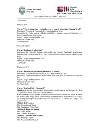Plan Académico de Actividades - Año 2016
Arancelado.
Octubre 2016
Curso: “Abuso sexual: test e indicadores en el área de psicología. Cámara Gesell”
Disertante: Personal de Psicología del Poder Judicial de Orán.
Empleados del Poder Judicial y Ministerio Público y público en general ( incluido en el
plan de capacitación obligatoria).
Lugar: Colegio de Magistrados Orán.
Duración: 3 horas reloj.
No Arancelado.
Noviembre 2016
Curso: “Régimen de adopciones”
Disertante: Dr. Marcelo Roberto Albeza (Juez de Familia) Destinado: Magistrados,
Funcionarios, empleados del Poder Judicial (incluido en el plan de capacitación obliga-
toria).
Lugar: Colegio de Magistrados Orán.
Duración: 3 horas reloj.
Arancelado.
Diciembre 2016
Curso: “El asistente social como auxiliar de la justicia”
Disertante: Personal del Servicio Social del Poder Judicial de Orán.
Destinado: Empleados del Poder Judicial ( incluido en el plan de capacitación obligato-
ria).
Lugar: Colegio de Magistrados Orán.
Duración: 3 horas reloj.
No Arancelado.
Curso: “Código Civil y Comercial”
Objetivo: Capacitar a magistrados, funcionarios y empleados de las Delegaciones de J.
V. González, Metán, Cafayate, Tartagal y Orán.
Conformado por cinco equipos de jueces que se trasladarán durante los meses de febre-
ro, marzo, abril, mayo, junio, a cada una de las Delegaciones Regionales de la Escuela
de la Magistratura para profundizar aspectos relacionados a la reforma del Código Civil
y Comercial.
Módulo de Contratos
Dra. Fernanda Aré Wayar
Dra. Guadalupe Valdez Ortiz
Módulo de Derechos Reales
Dra. Nelda Villada
Dra. Adriana Rodríguez
Módulos Contratos de Consumo
Dra. Mercedes Filtrín
Dra. Jacqueline San Miguel
 