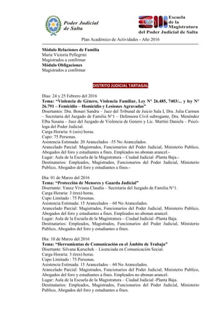 Plan Académico de Actividades - Año 2016
Módulo Relaciones de Familia
María Victoria Pellegrini
Magistrados a confirmar
Módulo Obligaciones
Magistrados a confirmar
DISTRITO JUDICIAL TARTAGAL
Días: 24 y 25 Febrero del 2016
Tema: “Violencia de Género, Violencia Familiar, Ley N° 26.485, 7403/... y ley N°
26.791 – Femicidio – Homicidio y Lesiones Agravadas”
Disertantes: Dra. Bonari Sandra – Juez del Tribunal de Juicio Sala I, Dra. Julia Carmen
– Secretaria del Juzgado de Familia N°1 – Defensora Civil subrogante, Dra. Menéndez
Elba Susana – Juez del Juzgado de Violencia de Genero y Lic. Martíni Daniela – Psicó-
loga del Poder Judicial.
Carga Horaria: 6 (seis) horas.
Cupo: 75 Personas.
Asistencia Estimada: 20 Arancelados –55 No Arancelados.
Arancelado Parcial: Magistrados, Funcionarios del Poder Judicial, Ministerio Publico,
Abogados del foro y estudiantes a fines. Empleados no abonan arancel.-
Lugar: Aula de la Escuela de la Magistratura – Ciudad Judicial -Planta Baja.-
Destinatarios: Empleados, Magistrados, Funcionarios del Poder Judicial, Ministerio
Publico, Abogados del foro y estudiantes a fines.-
Día: 01 de Marzo del 2016
Tema: “Protección de Menores y Guarda Judicial”
Disertante: Yance Viviana Claudia – Secretaria del Juzgado de Familia N°1.
Carga Horaria: 3 (tres) horas.
Cupo Limitado : 75 Personas.
Asistencia Estimada: 15 Arancelados – 60 No Arancelados.
Arancelado Parcial: Magistrados, Funcionarios del Poder Judicial, Ministerio Publico,
Abogados del foro y estudiantes a fines. Empleados no abonan arancel.
Lugar: Aula de la Escuela de la Magistratura – Ciudad Judicial -Planta Baja.
Destinatarios: Empleados, Magistrados, Funcionarios del Poder Judicial, Ministerio
Publico, Abogados del foro y estudiantes a fines.
Día: 10 de Marzo del 2016
Tema: “Herramientas de Comunicación en el Ámbito de Trabajo”
Disertante: Silvana Karuchek – Licenciada en Comunicación Social.
Carga Horaria: 3 (tres) horas.
Cupo Limitado : 75 Personas.
Asistencia Estimada: 15 Arancelados – 60 No Arancelados.
Arancelado Parcial: Magistrados, Funcionarios del Poder Judicial, Ministerio Publico,
Abogados del foro y estudiantes a fines. Empleados no abonan arancel.
Lugar: Aula de la Escuela de la Magistratura – Ciudad Judicial -Planta Baja.
Destinatarios: Empleados, Magistrados, Funcionarios del Poder Judicial, Ministerio
Publico, Abogados del foro y estudiantes a fines.
 