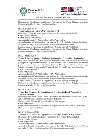 Plan Académico de Actividades - Año 2016
Destinatarios: Empleados, Magistrados, Funcionarios del Poder Judicial, Ministerio
Publico, Abogados del foro y estudiantes a fines.
Día: 19 de Abril del 2016
Tema: “Alimentos – Viejo y Nuevo Código Civil
Disertantes: Yance Viviana Claudia – Secretaria del Juzgado de Familia N°1.
Carga Horaria: 3 Horas.
Cupo Limitado : 75 Personas.
Asistencia Estimada: 15 Arancelados – 60 No Arancelados.
Arancelado Parcial: Magistrados, Funcionarios del Poder Judicial, Ministerio Publico,
Abogados del foro y estudiantes a fines. Empleados no abonan arancel.
Lugar: Aula de la Escuela de la Magistratura – Ciudad Judicial -Planta Baja.
Destinatarios: Empleados, Magistrados, Funcionarios del Poder Judicial, Ministerio
Publico, Abogados del foro y estudiantes a fines.
Día: 27 Abril del 2016
Tema: “Primeros Auxilios – Extinción de Incendio – Prevención y Evacuación”
Disertantes: 2do. Jefe, Of. Aux. Bertolani, Fernando – Instructor en espacios confinados
y equipos de respiración autónomos, Of. Aux. Gastón, Darío – Instructor de Socorrismo
perteneciente a la Federación Salteña de Bomberos Voluntarios y Of. Auix. Tuma Jorge
Martin – Instructor Institucional de Fuego y Extinción, con 14 años como bombero.
Carga Horaria: 4 Horas.
Cupo: 70 Personas.
Asistencia Estimada: 10 Arancelados – 60 No Arancelados.
Arancelado Parcial: Magistrados, Funcionarios del Poder Judicial, Ministerio Publico,
Abogados del foro y estudiantes a fines. Empleados no abonan arancel.
Lugar: Aula de la Escuela de la Magistratura – Ciudad Judicial -Planta Baja.
Destinatarios: Empleados, Magistrados, Funcionarios del Poder Judicial, Ministerio
Publico, Abogados del foro y estudiantes a fines.
Día: 29 de Abril del 2016
Tema: “Las Garantías del Imputado en la investigación Penal Preparatoria
Violencia Familiar”
Disertantes: Dr. Saifir Carlos Daniel – Secretario del Tribunal de Juicio Sala I y Dra.
Julia Carmen Elena – Secretaria del Juzgado de Familia N°1.
Carga Horaria: 3 Horas.- (1 Hora y Media por Disertantes).
Cupo: 60 Personas.
Lugar: Salón multiuso de la Escuela de la Magistratura – Ciudad Judicial, planta baja.
Destinatarios: Personal Policial.
Día: 03 de Mayo del 2016
Tema: “Las Garantías del Imputado en la investigación Penal Preparatoria”
Disertante: Dr. Saifir Carlos Daniel – Secretario del Tribunal de Juicio Sala I.
Carga Horaria: 3 Horas.
Cupo: 75 Personas.
Asistencia Estimada: 15 Arancelados – 60 No Arancelados.
Arancelado Parcial: Magistrados, Funcionarios del Poder Judicial, Ministerio Publico,
Abogados del foro y estudiantes a fines. Empleados no abonan arancel.
 