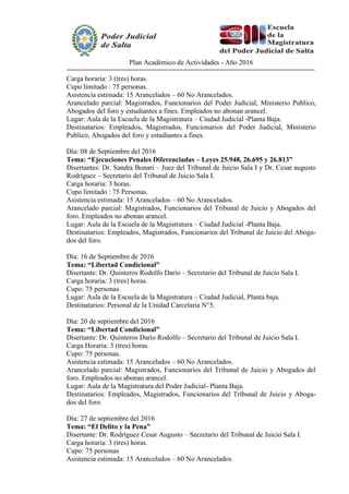 Plan Académico de Actividades - Año 2016
Carga horaria: 3 (tres) horas.
Cupo limitado : 75 personas.
Asistencia estimada: 15 Arancelados – 60 No Arancelados.
Arancelado parcial: Magistrados, Funcionarios del Poder Judicial, Ministerio Publico,
Abogados del foro y estudiantes a fines. Empleados no abonan arancel.
Lugar: Aula de la Escuela de la Magistratura – Ciudad Judicial -Planta Baja.
Destinatarios: Empleados, Magistrados, Funcionarios del Poder Judicial, Ministerio
Publico, Abogados del foro y estudiantes a fines.
Día: 08 de Septiembre del 2016
Tema: “Ejecuciones Penales Diferenciadas – Leyes 25.948, 26.695 y 26.813”
Disertantes: Dr. Sandra Bonari – Juez del Tribunal de Juicio Sala I y Dr. Cesar augusto
Rodríguez – Secretario del Tribunal de Juicio Sala I.
Carga horaria: 3 horas.
Cupo limitado : 75 Personas.
Asistencia estimada: 15 Arancelados – 60 No Arancelados.
Arancelado parcial: Magistrados, Funcionarios del Tribunal de Juicio y Abogados del
foro. Empleados no abonan arancel.
Lugar: Aula de la Escuela de la Magistratura – Ciudad Judicial -Planta Baja.
Destinatarios: Empleados, Magistrados, Funcionarios del Tribunal de Juicio del Aboga-
dos del foro.
Día: 16 de Septiembre de 2016
Tema: “Libertad Condicional”
Disertante: Dr. Quinteros Rodolfo Darío – Secretario del Tribunal de Juicio Sala I.
Carga horaria: 3 (tres) horas.
Cupo: 75 personas.
Lugar: Aula de la Escuela de la Magistratura – Ciudad Judicial, Planta baja.
Destinatarios: Personal de la Unidad Carcelaria N°5.
Día: 20 de septiembre del 2016
Tema: “Libertad Condicional”
Disertante: Dr. Quinteros Darío Rodolfo – Secretario del Tribunal de Juicio Sala I.
Carga Horaria: 3 (tres) horas.
Cupo: 75 personas.
Asistencia estimada: 15 Arancelados – 60 No Arancelados.
Arancelado parcial: Magistrados, Funcionarios del Tribunal de Juicio y Abogados del
foro. Empleados no abonan arancel.
Lugar: Aula de la Magistratura del Poder Judicial- Planta Baja.
Destinatarios: Empleados, Magistrados, Funcionarios del Tribunal de Juicio y Aboga-
dos del foro.
Día: 27 de septiembre del 2016
Tema: “El Delito y la Pena”
Disertante: Dr. Rodríguez Cesar Augusto – Secretario del Tribunal de Juicio Sala I.
Carga horaria: 3 (tres) horas.
Cupo: 75 personas
Asistencia estimada: 15 Arancelados – 60 No Arancelados
 