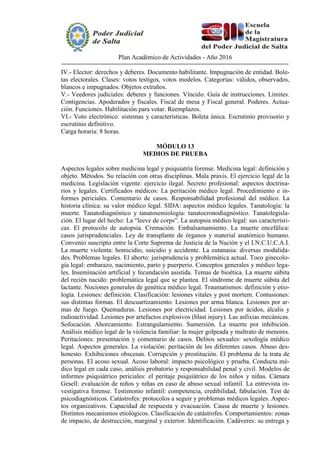 Plan Académico de Actividades - Año 2016
IV.- Elector: derechos y deberes. Documento habilitante. Impugnación de entidad. Bole-
tas electorales. Clases: votos testigos, votos modelos. Categorías: válidos, observados,
blancos e impugnados. Objetos extraños.
V.- Veedores judiciales: deberes y funciones. Vínculo. Guía de instrucciones. Límites.
Contigencias. Apoderados y fiscales. Fiscal de mesa y Fiscal general. Poderes. Actua-
ción. Funciones. Habilitación para votar. Reemplazos.
VI.- Voto electrónico: sistemas y características. Boleta única. Escrutinio provisorio y
escrutinio definitivo.
Carga horaria: 8 horas.
MÓDULO 13
MEDIOS DE PRUEBA
Aspectos legales sobre medicina legal y psiquiatría forense. Medicina legal: definición y
objeto. Métodos. Su relación con otras disciplinas. Mala praxis. El ejercicio legal de la
medicina. Legislación vigente: ejercicio ilegal. Secreto profesional: aspectos doctrina-
rios y legales. Certificados médicos: La peritación médico legal. Procedimiento e in-
formes periciales. Comentario de casos. Responsabilidad profesional del médico. La
historia clínica: su valor médico legal. SIDA: aspectos médico legales. Tanatología: la
muerte. Tanatodiagnóstico y tanatosemiología: tanatocronodiagnóstico. Tanatolegisla-
ción. El lugar del hecho: La “leeve de corps”. La autopsia médico legal: sus característi-
cas. El protocolo de autopsia. Cremación. Embalsamamiento. La muerte encefálica:
casos jurisprudenciales. Ley de transplante de órganos y material anatómico humano.
Convenio suscripto entre la Corte Suprema de Justicia de la Nación y el I.N.C.U.C.A.I.
La muerte violenta: homicidio, suicidio y accidente. La eutanasia: diversas modalida-
des. Problemas legales. El aborto: jurisprudencia y problemática actual. Toco ginecolo-
gía legal: embarazo, nacimiento, parto y puerperio. Conceptos generales y médico lega-
les. Inseminación artificial y fecundación asistida. Temas de bioética. La muerte súbita
del recién nacido: problemática legal que se plantea. El síndrome de muerte súbita del
lactante. Nociones generales de genética médico legal. Traumatismos: definición y etio-
logía. Lesiones: definición. Clasificación: lesiones vitales y post mortem. Contusiones:
sus distintas formas. El descuartizamiento. Lesiones por arma blanca. Lesiones por ar-
mas de fuego. Quemaduras. Lesiones por electricidad. Lesiones por ácidos, álcalis y
radioactividad. Lesiones por artefactos explosivos (blast injury). Las asfixias mecánicas.
Sofocación. Ahorcamiento. Estrangulamiento. Sumersión. La muerte por inhibición.
Análisis médico legal de la violencia familiar: la mujer golpeada y maltrato de menores.
Peritaciones: presentación y comentario de casos. Delitos sexuales: sexología médico
legal. Aspectos generales. La violación: peritación de los diferentes casos. Abuso des-
honesto. Exhibiciones obscenas. Corrupción y prostitución. El problema de la trata de
personas. El acoso sexual. Acoso laboral: impacto psicológico y prueba. Conducta mé-
dico legal en cada caso, análisis probatorio y responsabilidad penal y civil. Modelos de
informes psiquiátrico periciales: el peritaje psiquiátrico de los niños y niñas. Cámara
Gesell: evaluación de niños y niñas en caso de abuso sexual infantil. La entrevista in-
vestigativa forense. Testimonio infantil: competencia, credibilidad, fabulación. Test de
psicodiagnósticos. Catástrofes: protocolos a seguir y problemas médicos legales. Aspec-
tos organizativos. Capacidad de respuesta y evacuación. Causa de muerte y lesiones.
Distintos mecanismos etiológicos. Clasificación de catástrofes. Comportamientos: zonas
de impacto, de destrucción, marginal y exterior. Identificación. Cadáveres: su entrega y
 