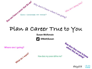 Plan a Career True to You
Why am
I doing this?
W
hat do
I want?
Why don’t I know where I am going?
How
does they seem
to know
where they are going?
Can I change my mind?
Where am I going?
How
can I have a career that ﬁts me?
How does my career deﬁne me?
#bigd18
Susan McKenzie
@MathSusan
 