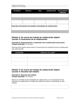Elementos de Intel® Educar
Colaboración en la clase digital



   Propósito                   Alcance                 Tipo            Colaboración     Herramientas
                                                                                          digitales




Describa brevemente las posibles actividades de colaboración:




Módulo 2: Un marco de trabajo de colaboración digital
Lección 3: Evaluación de la colaboración

Actividad 3: Autoevaluación y evaluación de la colaboración entre pares
Tiempo estimado: 10 minutos

Describa cómo podría usted utilizar el instrumento de evaluación para la colaboración
que usted guardó.

        Evaluación                                         ¿Cómo lo va a usar?




Módulo 2: Un marco de trabajo de colaboración digital
Lección 4: Revisión del módulo

Actividad 1: Resumen del módulo
Tiempo estimado: 10 minutos

Piense en el diseño de las actividades de colaboración y en la evaluación de las
destrezas de colaboración a medida que reflexiona sobre su aprendizaje en este
módulo.




Derechos de autor ©Corporación Intel. Todos los derechos reservados.                  Página 8 de 15
 