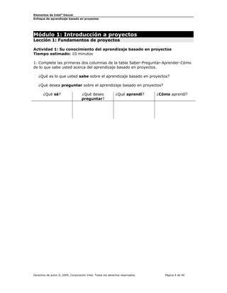 Elementos de Intel®
Educar
Enfoque de aprendizaje basado en proyectos
Módulo 1: Introducción a proyectos
Lección 1: Fundamentos de proyectos
Actividad 1: Su conocimiento del aprendizaje basado en proyectos
Tiempo estimado: 10 minutos
1. Complete las primeras dos columnas de la tabla Saber-Preguntar-Aprender-Cómo
de lo que sabe usted acerca del aprendizaje basado en proyectos.
¿Qué es lo que usted sabe sobre el aprendizaje basado en proyectos?
¿Qué desea preguntar sobre el aprendizaje basado en proyectos?
¿Qué sé? ¿Qué deseo
preguntar?
¿Qué aprendí? ¿Cómo aprendí?
Derechos de autor © 2009, Corporación Intel. Todos los derechos reservados. Página 4 de 40
 