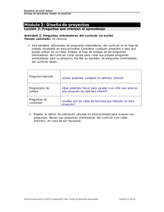 Elementos de Intel®
Educar
Enfoque de aprendizaje basado en proyectos
Derechos de autor © 200 9, C orporación Intel. T odos los derechos reservados. P ágina 11 de 40
Módulo 2: Diseño de proyectos
Lección 3: Preguntas que orientan el aprendizaje
Actividad 2: Preguntas orientadoras del currículo en acción
Tiempo estimado: 25 minutos
1. Vea ejemplos adicionales de preguntas orientadoras del currículo en la hoja de
trabajo localizada en esta actividad. Considere cualquier pregunta o idea que
pueda utilizar en su clase. Emplee la hoja de trabajo de las preguntas
orientadoras del currículo como ayuda para crear sus propias preguntas
orientadoras para su proyecto. Escriba su borrador de preguntas orientadoras
del currículo abajo.
Pregunta esencial
¿Cómo podemos combatir el maltrato infantil?
Pregunta(s) de
unidad
¿Qué podemos hacer para ayudar a un niño que este en
una situación de maltrato infantil?
Preguntas de
contenido
¿Cuáles son los tipos de factores que influyen en esta
situación?
2. Emplee la matriz de valoración ubicada en esta actividad para evaluar sus
preguntas. Revise sus preguntas orientadoras del currículo (ver tabla
anterior), en caso de ser necesario.
 
