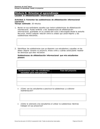 Elementos de Intel®
Educar
Enfoque de aprendizaje basado en proyectos
Derechos de autor © 200 9, C orporación Intel. T odos los derechos reservados. P ágina 28 de 40
Módulo 5: Orientar el aprendizaje
Lección 3: Alfabetización informacional
Actividad 2: Fomentar las subdestrezas de alfabetización informacional
(opcional)
Tiempo estimado: 20 minutos
1. Revise en sus estándares aquellos que traten subdestrezas de alfabetización
informacional. Puede remitirse a las Subdestrezas de alfabetización
informacional, guardadas en su carpeta del curso o descargada desde la pestaña
Recursos. Anote cualquier relación entre la unidad que usted imparte y las
subdestrezas relevantes.
2. Identifique las subdestrezas que ya disponen sus estudiantes y aquellas en las
deben mejorar durante su proyecto. Anote cómo y cuándo usted podría modelar
las destrezas que ellos necesitan.
Subdestrezas de alfabetización informacional que mis estudiantes
poseen:
Subdestrezas que mis estudiantes
necesitan para este proyecto
Fase del proyecto
 ¿Cómo van los estudiantes a practicar la subdestreza y a obtener
realimentación?
 ¿Cómo le solicitará a los estudiantes el utilizar la subdestreza mientras
trabajan en sus proyectos?
 