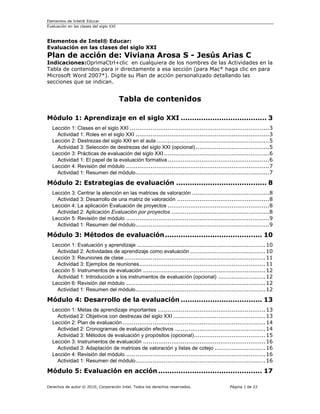 Elementos de Intel® Educar
Evaluación en las clases del siglo XXI
Derechos de autor © 2010, Corporación Intel. Todos los derechos reservados. Página 1 de 22
Elementos de Intel® Educar:
Evaluación en las clases del siglo XXI
Plan de acción de: Viviana Arosa S - Jesús Arias C
Indicaciones:OprimaCtrl+clic en cualquiera de los nombres de las Actividades en la
Tabla de contenidos para ir directamente a esa sección (para Mac* haga clic en para
Microsoft Word 2007*). Digite su Plan de acción personalizado detallando las
secciones que se indican.
Tabla de contenidos
Módulo 1: Aprendizaje en el siglo XXI ...................................... 3
Lección 1: Clases en el siglo XXI ..........................................................................3
Actividad 1: Roles en el siglo XXI .......................................................................3
Lección 2: Destrezas del siglo XXI en el aula............................................................5
Actividad 3: Selección de destrezas del siglo XXI (opcional) .......................................5
Lección 3: Prácticas de evaluación del siglo XXI........................................................6
Actividad 1: El papel de la evaluación formativa......................................................6
Lección 4: Revisión del módulo ............................................................................7
Actividad 1: Resumen del módulo.......................................................................7
Módulo 2: Estrategias de evaluación ........................................ 8
Lección 3: Centrar la atención en las matrices de valoración .........................................8
Actividad 3: Desarrollo de una matriz de valoración .................................................8
Lección 4: La aplicación Evaluación de proyectos ......................................................8
Actividad 2: Aplicación Evaluación por proyectos ....................................................8
Lección 5: Revisión del módulo ............................................................................9
Actividad 1: Resumen del módulo.......................................................................9
Módulo 3: Métodos de evaluación........................................... 10
Lección 1: Evaluación y aprendizaje ....................................................................10
Actividad 2: Actividades de aprendizaje como evaluación ........................................10
Lección 3: Reuniones de clase ...........................................................................11
Actividad 3: Ejemplos de reuniones...................................................................11
Lección 5: Instrumentos de evaluación .................................................................12
Actividad 1: Introducción a los instrumentos de evaluación (opcional) .........................12
Lección 6: Revisión del módulo ..........................................................................12
Actividad 1: Resumen del módulo.....................................................................12
Módulo 4: Desarrollo de la evaluación .................................... 13
Lección 1: Metas de aprendizaje importantes .........................................................13
Actividad 2: Objetivos con destrezas del siglo XXI .................................................13
Lección 2: Plan de evaluación............................................................................14
Actividad 2: Cronogramas de evaluación efectivos ................................................14
Actividad 3: Métodos de evaluación y propósitos (opcional)......................................15
Lección 3: Instrumentos de evaluación .................................................................16
Actividad 3: Adaptación de matrices de valoración y listas de cotejo ...........................16
Lección 4: Revisión del módulo ..........................................................................16
Actividad 1: Resumen del módulo.....................................................................16
Módulo 5: Evaluación en acción.............................................. 17
 