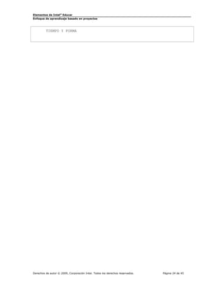 Elementos de Intel® Educar
Enfoque de aprendizaje basado en proyectos

TIEMPO Y FORMA

Derechos de autor © 2009, Corporación Intel. Todos los derechos reservados.

Página 24 de 45

 