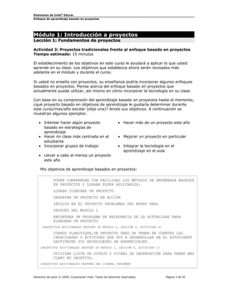 Elementos de Intel® Educar
Enfoque de aprendizaje basado en proyectos

Módulo 1: Introducción a proyectos
Lección 1: Fundamentos de proyectos

Actividad 3: Proyectos tradicionales frente al enfoque basado en proyectos
Tiempo estimado: 15 minutos
El establecimiento de los objetivos en este curso le ayudará a aplicar lo que usted
aprende en su clase. Los objetivos que establezca ahora serán revisados más
adelante en el módulo y durante el curso.
Si usted no enseña con proyectos, su enseñanza podría incorporar algunos enfoques
basados en proyectos. Piense acerca del enfoque basado en proyectos que
actualmente puede utilizar, así mismo en cómo incorporar la tecnología en su clase.
Con base en su comprensión del aprendizaje basado en proyectos hasta el momento,
¿qué proyecto basado en objetivos de aprendizaje le gustaría determinar durante
este curso/mes/año escolar (elija una)? Anote sus objetivos. A continuación se
muestran algunos ejemplos:
• Intentar hacer algún proyecto
basado en estrategias de
aprendizaje
• Hacer mi clase más centrada en el
estudiante
• Incorporar grupos de trabajo

• Hacer más de un proyecto este año
• Mejorar un proyecto en particular
• Integrar la tecnología en el
aprendizaje en el aula

• Llevar a cabo al menos un proyecto
este año
Mis objetivos de aprendizaje basados en proyectos:
PODER COMPRENDER CON FACILIDAD LOS MÉTODOS DE ENSEÑANZA BASADOS
EN PROYECTOS Y LOGRAR PODER APLICARLOS:
LOGRAR CULMINAR UN PROYECTO
OBSERVAR UN PROYECTO EN ACCIÓN
INCLUIR EN EL PROYECTO PROBLEMAS DEL MUNDO REAL
DESPUÉS DEL MODULO 1
ENCONTRAR UN PROBLEMA DE RELEVANCIA DE LA ACTUALIDAD PARA
ELABORAR UN PROYECTO
(OBJETIVOS ADICIONALES DESPUÉS DE MÓDULO 1, LECCIÓN 2, ACTIVIDAD 4)

CUANDO PLANIFIQUE,UN PROYECTO DEBO DE TENER EN CUENTAS LAS
CAPACIDADES Y ACTITUDES QUE VOY A DESARROLLAR EN EL ESTUDIANTE
SASTIFACER SUS NECESIDADES DE APRENDIZAJES
(OBJETIVOS ADICIONALES DESPUÉS DE MÓDULO 1, LECCIÓN 4, ACTIVIDAD 1)

UTILIZAR LISTA DE COTEJO Y FICHAS DE OBSERVACIÓN PARA TENER MÁS
CLARO MI OBJETIVO.
(OBJETIVOS ADICIONALES DESPUÉS DEL CIERRE, RESUMEN)

Derechos de autor © 2009, Corporación Intel. Todos los derechos reservados.

Página 3 de 45

 