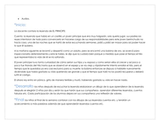  Audios.
*Inicio:
La docente contara la leyenda de EL PRINCIPE:
Cuenta la leyenda que había en un castillo un joven príncipe que era muy holgazán, solo quería jugar, sus padres los
reyes intentaron de todo para convencerlo en hacerse cargo de sus responsabilidades pero este joven berrinchudo no
hacía caso, una de las noches que se hartó de estar escuchando sermones, pidió y pidió ser mayor para así poder hacer
lo que él quisiera.
A la mañana siguiente se levantó y despertó como un adulto, pero se encontró una bobina de oro, se acercó para
inspeccionarla detenidamente y esta le hablo, le dijo que la cuidara bien porque a medida que pase el tiempo el hilo
que representaba la vida de él se ira soltando.
El joven príncipe tuvo tanta curiosidad de cómo serían sus hijos y su esposa y como serian ellos al crecer y así poco a
poco fue tirando del hilo hasta que se observó en el espejo y se vio viejo y rápidamente intento enrollar el hilo, pero el
tiempo que le quedaba ya era casi exclusivo para su muerte; la bobina entonces se dispuso a hablarle nuevamente
diciéndole que había gastado su vida queriendo ser grande y que el tiempo que haló no los podrá recuperar y deberá
sufrir el castigo.
El ahora rey entro en pánico, grito de manera terrible y murió, habiendo gastado su vida en hacer nada.
*Desarrollo: los niños después de escuchar la leyenda elaboraran un dibujo de lo que aprendieron de la leyenda,
después se elegirán 2 niños por día y serán los que harán que sus compañeros aprendan diferentes leyendas, cuentos
fabulas etc. Cada participación de los alumnos dejara en sus compañeros una reflexión de valores.
*Final: los niños al final de la semana contaran con los dibujos de sus leyendas cuentos etc. y tendrán un
acercamiento a más palabras además de que aprenderán leyendas cuentos etc.
 