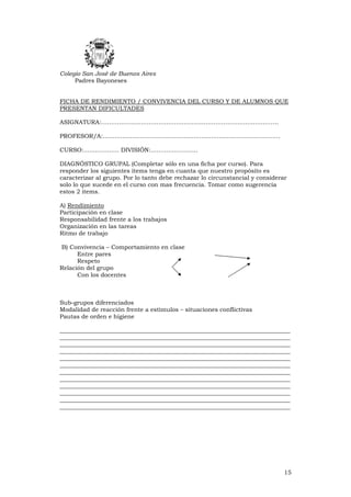 15
Colegio San José de Buenos Aires
Padres Bayoneses
FICHA DE RENDIMIENTO / CONVIVENCIA DEL CURSO Y DE ALUMNOS QUE
PRESENTAN DIFICULTADES
ASIGNATURA:………………………………………………………………………………
PROFESOR/A:………………………………………………………………………………
CURSO:……………… DIVISIÓN:……………………
DIAGNÓSTICO GRUPAL (Completar sólo en una ficha por curso). Para
responder los siguientes ítems tenga en cuanta que nuestro propósito es
caracterizar al grupo. Por lo tanto debe rechazar lo circunstancial y considerar
solo lo que sucede en el curso con mas frecuencia. Tomar como sugerencia
estos 2 items.
A) Rendimiento
Participación en clase
Responsabilidad frente a los trabajos
Organización en las tareas
Ritmo de trabajo
B) Convivencia – Comportamiento en clase
Entre pares
Respeto
Relación del grupo
Con los docentes
Sub-grupos diferenciados
Modalidad de reacción frente a estímulos – situaciones conflictivas
Pautas de orden e higiene
______________________________________________________________________________
______________________________________________________________________________
______________________________________________________________________________
______________________________________________________________________________
______________________________________________________________________________
______________________________________________________________________________
______________________________________________________________________________
______________________________________________________________________________
______________________________________________________________________________
______________________________________________________________________________
______________________________________________________________________________
______________________________________________________________________________
 