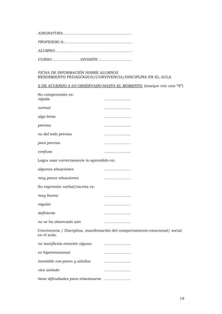 18
ASIGNATURA:.............................................................
PROFESOR/A:.............................................................
ALUMNO:.....................................................................
CURSO:.........................DIVISIÓN..:............................
FICHA DE INFORMACIÓN SOBRE ALUMNOS
RENDIMIENTO PEDAGÓGICO/CONVIVENCIA/DISCIPLINA EN EL AULA
I) DE ACUERDO A LO OBSERVADO HASTA EL MOMENTO: (marque con una “X”)
Su comprensión es:
rápida ........................
normal ........................
algo lenta ........................
precisa ........................
no del todo precisa ........................
poco precisa ........................
confusa ........................
Logra usar correctamente lo aprendido en:
algunas situaciones ........................
muy pocas situaciones ........................
Su expresión varbal/escrita es:
muy buena ........................
regular ........................
deficiente ........................
no se ha observado aún ........................
Convivencia / Disciplina, manifestación del comportamiento emocional/ social
en el aula:
no manifiesta emoción alguna ........................
es hiperemocional ........................
inestable con pares y adultos ........................
vive aislado ........................
tiene dificultades para relacionarse ........................
 