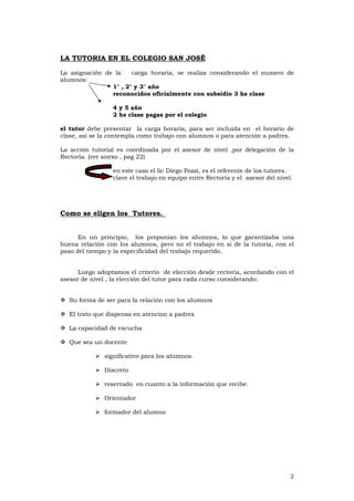 2
LA TUTORIA EN EL COLEGIO SAN JOSÉ
La asignación de la carga horaria, se realiza considerando el numero de
alumnos:
1° , 2° y 3° año
reconocidos oficialmente con subsidio 3 hs clase
4 y 5 año
2 hs clase pagas por el colegio
el tutor debe presentar la carga horaria, para ser incluida en el horario de
clase, así se la contempla como trabajo con alumnos o para atención a padres.
La acción tutorial es coordinada por el asesor de nivel ,por delegación de la
Rectoría. (ver anexo , pag 22)
en este caso el lic Diego Pozzi, es el referente de los tutores.
clave el trabajo en equipo entre Rectoria y el asesor del nivel.
Como se eligen los Tutores.
En un principio, los proponian los alumnos, lo que garantizaba una
buena relación con los alumnos, pero no el trabajo en si de la tutoria, con el
paso del tiempo y la especificidad del trabajo requerido.
Luego adoptamos el criterio de elección desde rectoria, acordando con el
asesor de nivel , la elección del tutor para cada curso considerando:
Su forma de ser para la relación con los alumnos
El trato que dispensa en atencion a padres
La capacidad de escucha
Que sea un docente
significativo para los alumnos.
Discreto
reservado en cuanto a la información que recibe.
Orientador
formador del alumno
 