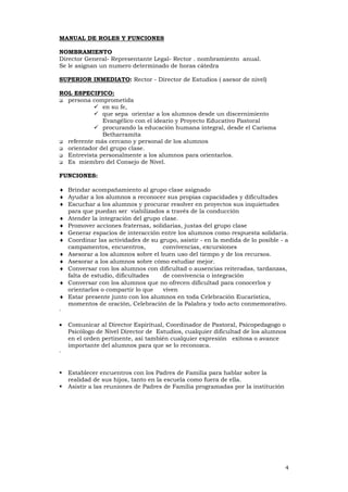 4
MANUAL DE ROLES Y FUNCIONES
NOMBRAMIENTO
Director General- Representante Legal- Rector . nombramiento anual.
Se le asignan un numero determinado de horas cátedra
SUPERIOR INMEDIATO: Rector - Director de Estudios ( asesor de nivel)
ROL ESPECIFICO:
persona comprometida
en su fe,
que sepa orientar a los alumnos desde un discernimiento
Evangélico con el ideario y Proyecto Educativo Pastoral
procurando la educación humana integral, desde el Carisma
Betharramita
referente más cercano y personal de los alumnos
orientador del grupo clase.
Entrevista personalmente a los alumnos para orientarlos.
Es miembro del Consejo de Nivel.
FUNCIONES:
♦ Brindar acompañamiento al grupo clase asignado
♦ Ayudar a los alumnos a reconocer sus propias capacidades y dificultades
♦ Escuchar a los alumnos y procurar resolver en proyectos sus inquietudes
para que puedan ser viabilizados a través de la conducción
♦ Atender la integración del grupo clase.
♦ Promover acciones fraternas, solidarias, justas del grupo clase
♦ Generar espacios de interacción entre los alumnos como respuesta solidaria.
♦ Coordinar las actividades de su grupo, asistir - en la medida de lo posible - a
campamentos, encuentros, convivencias, excursiones
♦ Asesorar a los alumnos sobre el buen uso del tiempo y de los recursos.
♦ Asesorar a los alumnos sobre cómo estudiar mejor.
♦ Conversar con los alumnos con dificultad o ausencias reiteradas, tardanzas,
falta de estudio, dificultades de convivencia o integración
♦ Conversar con los alumnos que no ofrecen dificultad para conocerlos y
orientarlos o compartir lo que viven
♦ Estar presente junto con los alumnos en toda Celebración Eucarística,
momentos de oración, Celebración de la Palabra y todo acto conmemorativo.
·
• Comunicar al Director Espiritual, Coordinador de Pastoral, Psicopedagogo o
Psicólogo de Nivel Director de Estudios, cualquier dificultad de los alumnos
en el orden pertinente, así también cualquier expresión exitosa o avance
importante del alumnos para que se lo reconozca.
·
Establecer encuentros con los Padres de Familia para hablar sobre la
realidad de sus hijos, tanto en la escuela como fuera de ella.
Asistir a las reuniones de Padres de Familia programadas por la institución
 