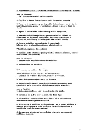 7
EL PROFESOR TUTOR COORDINA TODOS LOS ESFUERZOS EDUCATIVOS:
-con los alumnos:
1. Da a conocer las normas de convivencia.
2. Coordina criterios de convivencia entre docentes y alumnos
3. Favorece la integración y participación de los alumnos en la vida del
instituto, así como promover actitudes positivas de respeto hacia los
demás.
4. Ayuda al crecimiento en tolerancia y mutua aceptación.
5. Realiza un intenso seguimiento personalizado del proceso de
aprendizaje del alumnado con especial énfasis en lo relativo a la
adquisición de hábitos y actitudes positivas hacia el estudio.
6. Orienta individual o grupalmente el aprendizaje.
Informa sobre la situación académica-administrativa.
7.Facilita la expresión de opiniones
8- Conoce a cada estudiante ( sus aptitudes, talentos, intereses, valores,
limitaciones y dificultades)
-con los docentes:
1. Recoge datos y opiniones sobre los alumnos.
2. Coordina con los docentes.
3. Promueve un ambiente de equipo.
-CON LOS DIRECTIVOS Y DEPTO DE ORIENTACION
1. Canaliza los reclamos de padres, alumnos y docentes.
2. Trata situaciones especiales de los alumnos
3. Mantiene informado en todo lo acontecido en relación al o los
estudiantes en lo académico, administrativo, social y familiar.
-con la familia:
1. Actúa como mediador entre la institución y la familia
3. Informa a los padres sobre la evolución de su hij@
3. Establece una comunicación fluida con el fin de intercambiar
información sobre aspectos relevantes.
4. Acompaña a la familia en sus inquietudes y en la puesta al día de la
realidad socio-cultural y de su influencia en la construcción de la
identidad y en el sistema de valores.
5. Se mantiene al tanto de los conflictos existentes para prevenir
problemas mayores.
 