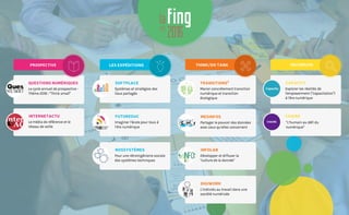 Systèmes et stratégies des
lieux partagés
LES EXPÉDITIONS
SOFTPLACE
Imaginer l’école pour tous à
l’ère numérique
FUTUREDUC
Pour une rétroingénierie sociale
des systèmes techniques
NOSSYSTÈMES
Le cycle annuel de prospective -
Thème 2016 : “Think small”
QUESTIONS NUMÉRIQUES
Le média de référence et le
réseau de veille
INTERNETACTU
Explorer les réalités de
l'empowerment ("capacitation")
à l'ère numérique
CAPACITY
Partager le pouvoir des données
avec ceux qu’elles concernent
MESINFOS
Développer et diffuser la
"culture de la donnée"
INFOLAB
L’individu au travail dans une
société numérisée
DIGIWORK
PROSPECTIVE
Marier concrètement transition
numérique et transition
écologique
TRANSITIONS2
“L’humain au défi du
numérique”
CHAIRE
CHAIRE
RECHERCHETHINK/DO TANK
 